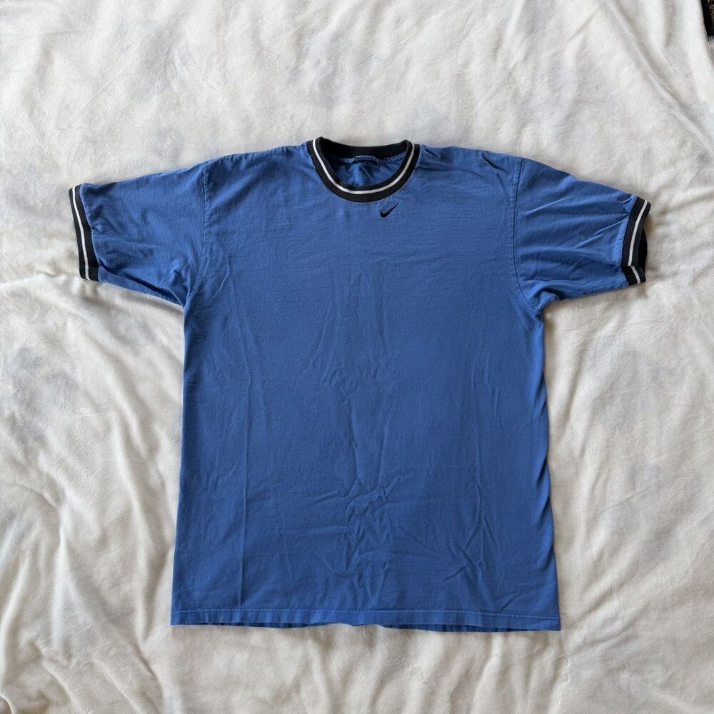 Vintage 90s men's Nike ringer tee tshirt blue with collar and embroidered logo